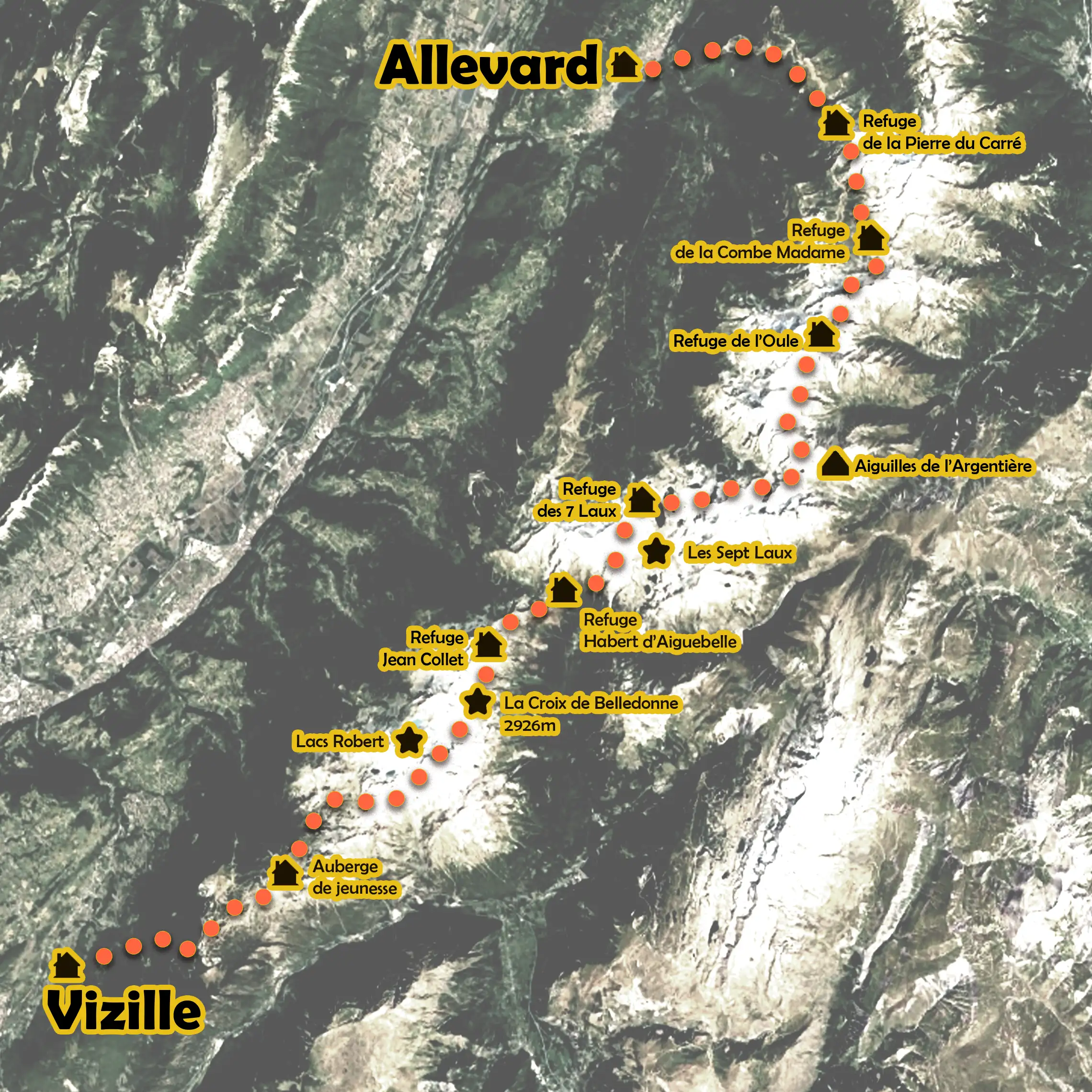 Carte d'aperçu de la Haute Route de Belledonne en 8 jours